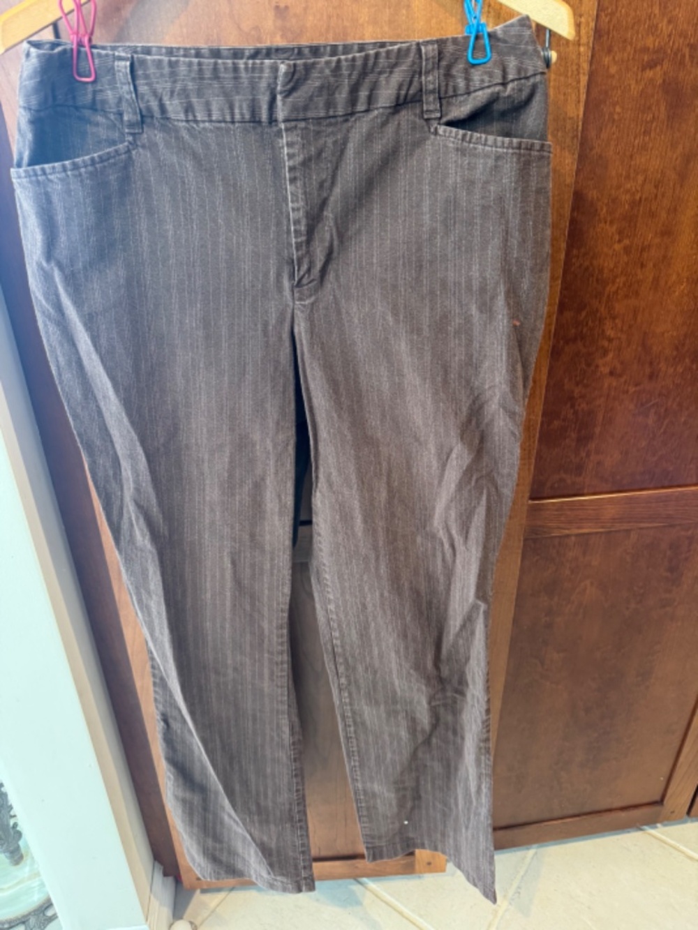 St Johns Bay Stretch  Women 12 Beige Brown Vertical Stripe Denim Jeans Pants